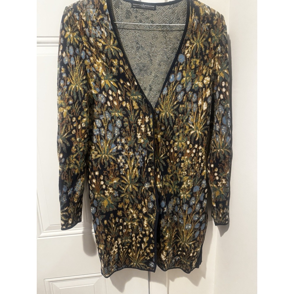 Peruvian Connection Tall Grass Floral Long Cardigan‎ Buttons Pima Cotton Sz L